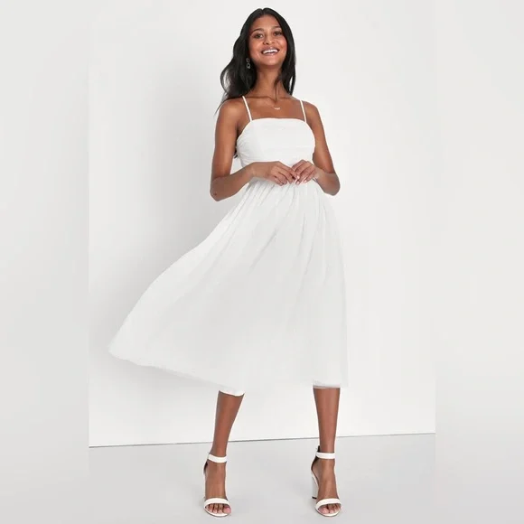 Lulus-Darling Sweetheart White Swiss Dot Ruched Midi Dress - Picture 1 of 5